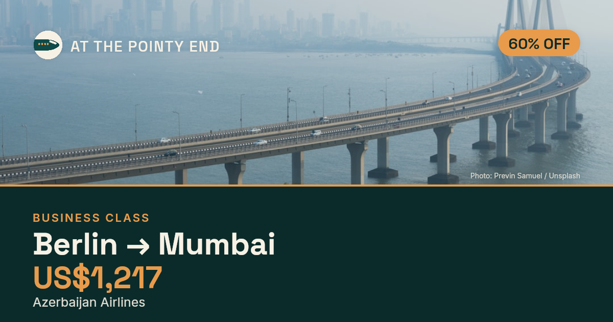 Business one-way to Mumbai from US$1,217, about 60% off. Checked against live availability.