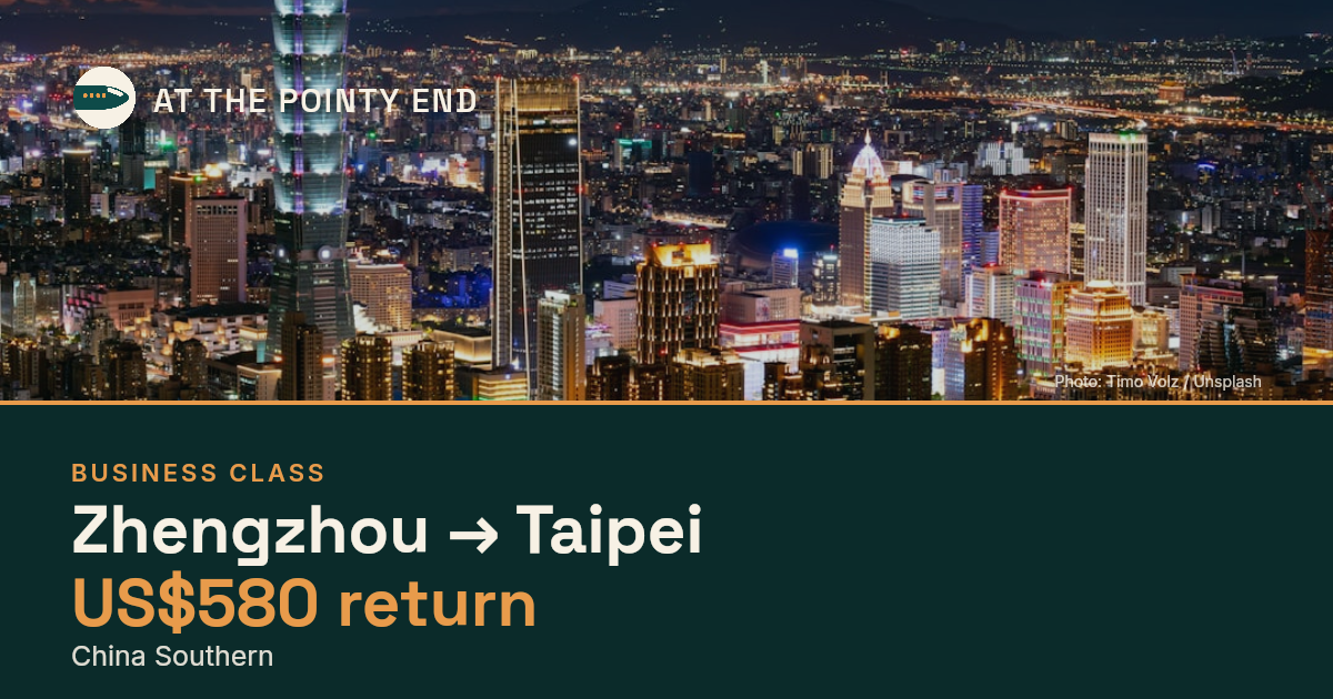 Business return to Taipei from US$580, well below typical. Checked against live availability.