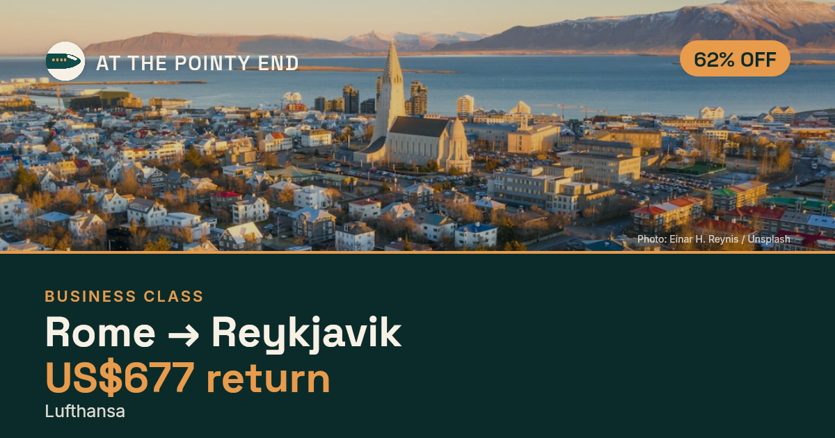 Business return to Reykjavik from US$677, about 62% off. Checked against live availability.