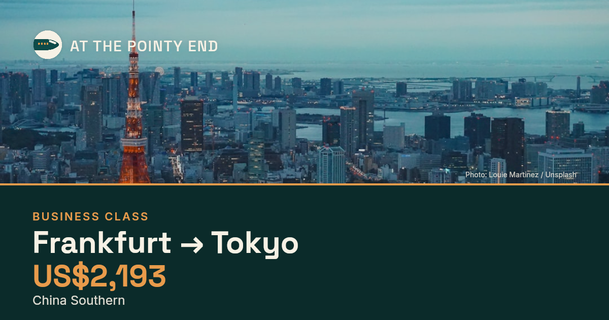 Business one-way to Tokyo from US$2,193, well below typical. Checked against live availability.