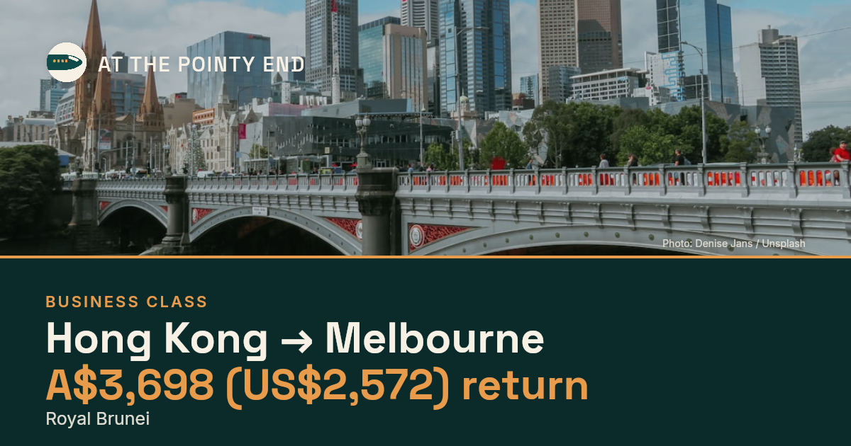 Business return to Melbourne from US$2,572, well below typical. Checked against live availability.