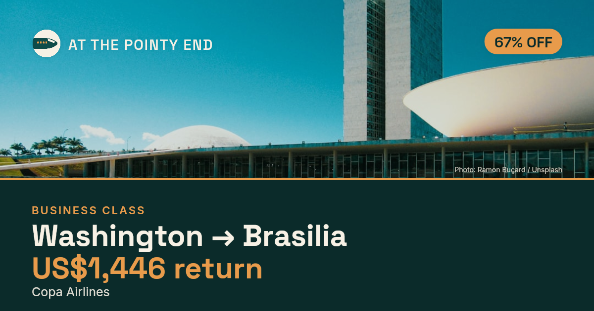 Business return to Brasilia from US$1,446, about 67% off. Checked against live availability.