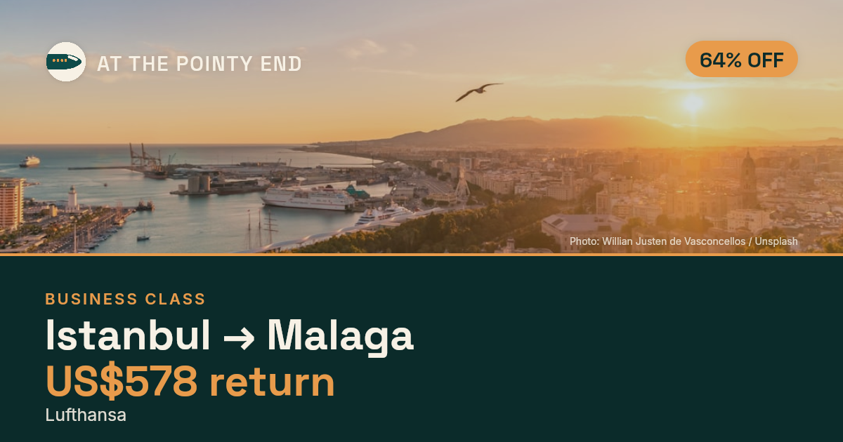 Business return to Malaga from US$578, about 64% off. Checked against live availability.