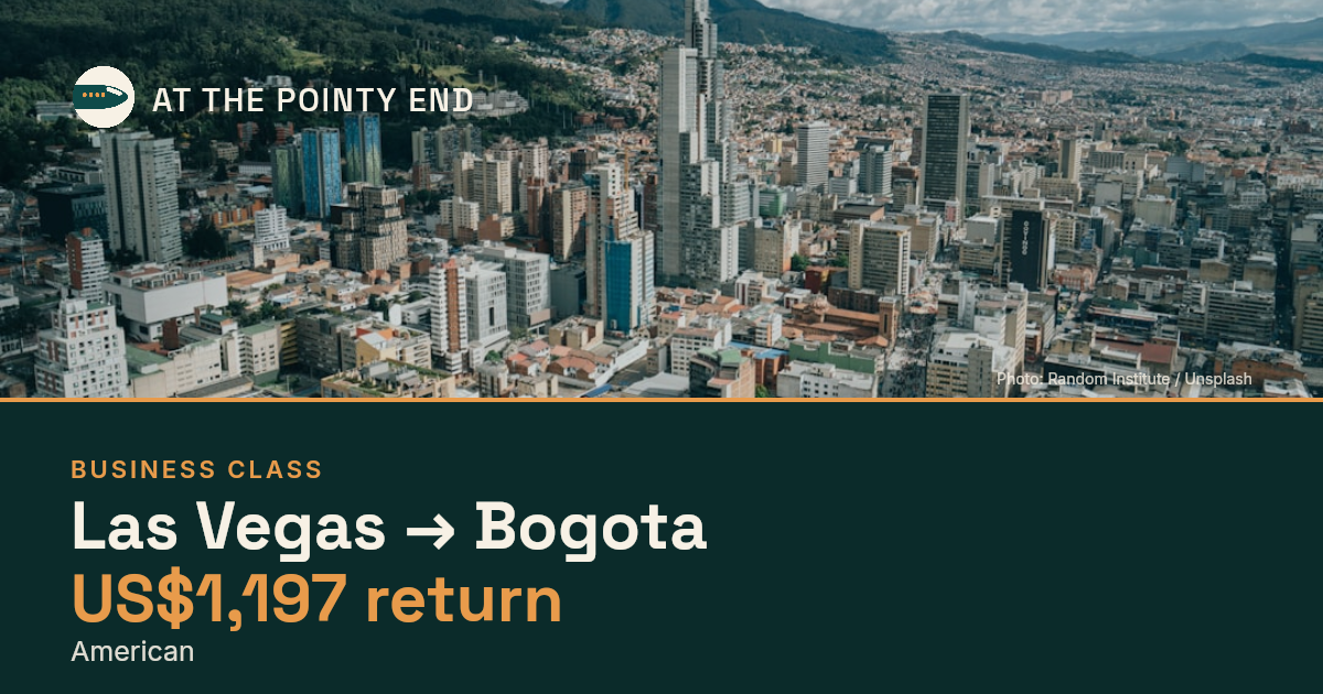 Business return to Bogota from US$1,197, well below typical. Checked against live availability.