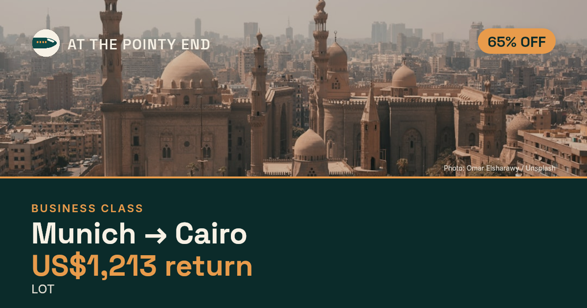 Business return to Cairo from US$1,213, about 65% off. Checked against live availability.