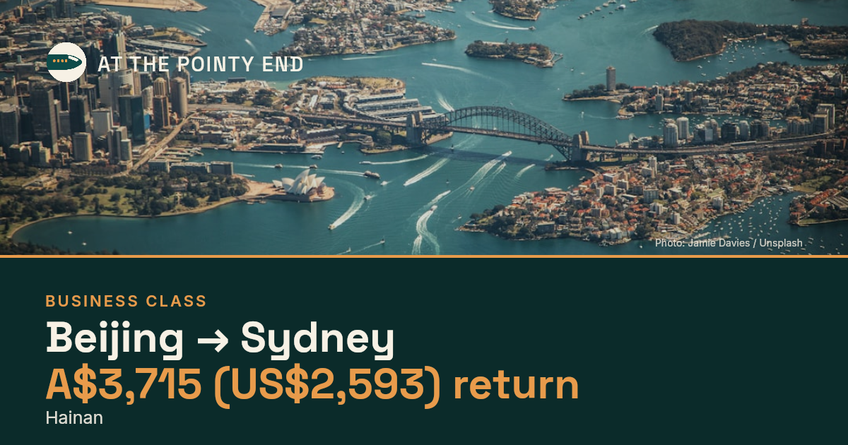 Business return to Sydney from US$2,593, well below typical. Checked against live availability.