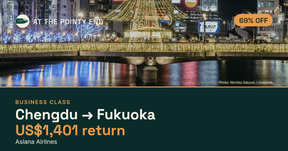 Business return to Fukuoka from US$1,401, about 69% off. Checked against live availability.