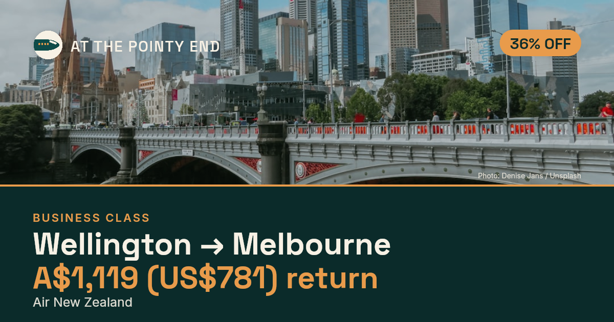 Business return to Melbourne from US$781, about 36% off. Checked against live availability.