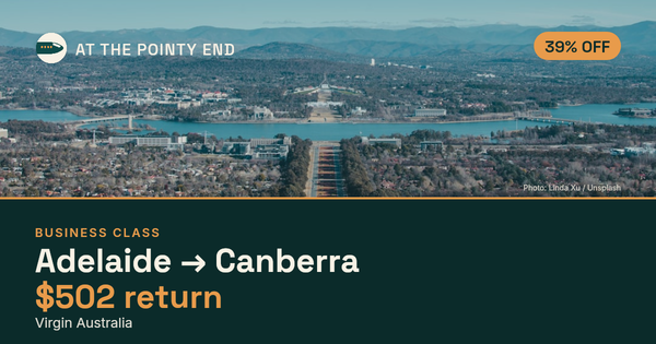 Business return to Canberra from US$502, about 39% off. Checked against live availability.