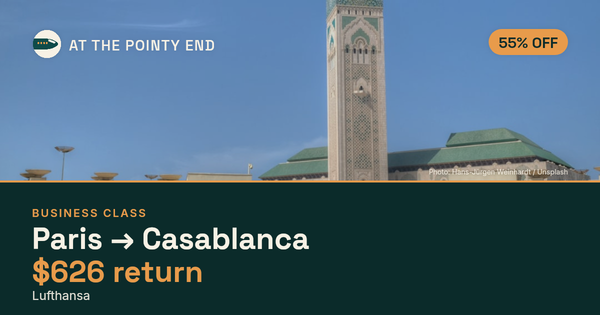 Business return to Casablanca from US$626 — ~55% off. Limited availability.