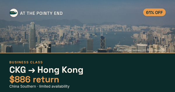 Business return to Hong Kong from US$886 — ~61% off. Limited availability.