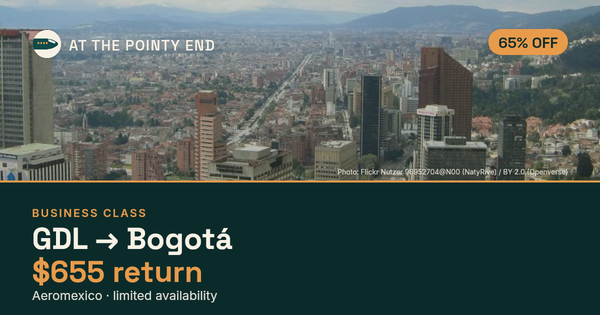 Business return to Bogotá from US$655 — ~65% off. Limited availability.