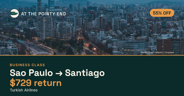 Business return to Santiago from US$729 — ~55% off. Limited availability.
