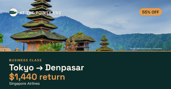 Business return to Denpasar from US$1,440, about 55% off. Checked against live availability.