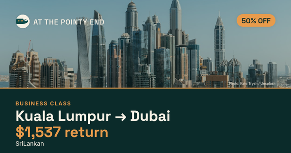 Business return to Dubai from US$1,537, about 50% off. Checked against live availability.