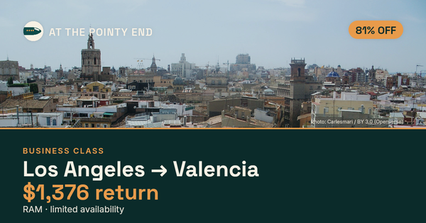 Business return to Valencia from US$1,376 — ~81% off. Limited availability.