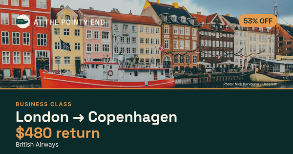 Business return to Copenhagen from US$480, about 53% off. Checked against live availability.
