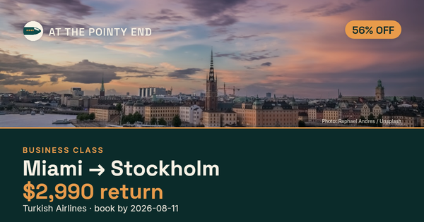 Business return to Stockholm from US$2,990, about 56% off. Book by 11 Aug.