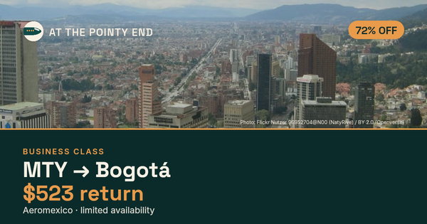 Business return to Bogotá from US$523 — ~72% off. Limited availability.