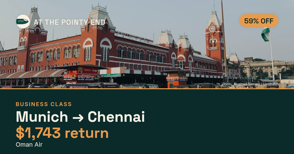 Business return to Chennai from US$1,743, about 59% off. Checked against live availability.