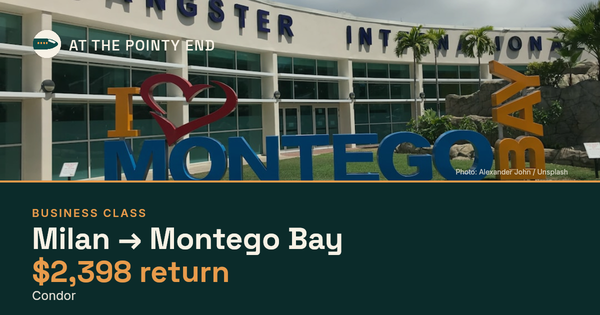 EXPIRED: Business return to Montego Bay was US$2,398. The links inside still show today's best fares.