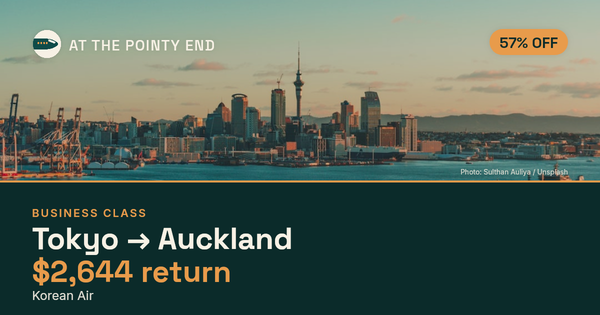 Business return to Auckland from US$2,644, about 57% off. Checked against live availability.