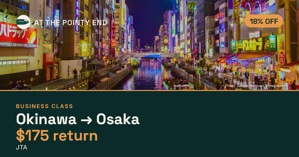 Business return to Osaka from US$175, about 18% off. Checked against live availability.