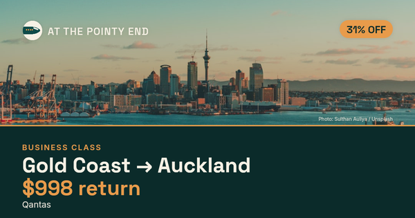 Business return to Auckland from US$998, about 31% off. Checked against live availability.