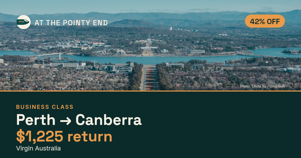 Business return to Canberra from US$1,225, about 42% off. Checked against live availability.