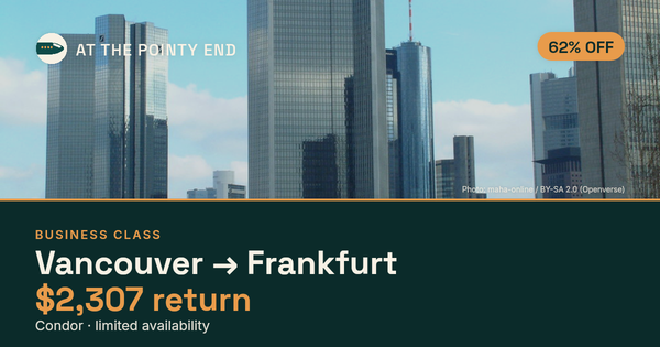 Business return to Frankfurt from US$2,307 — ~62% off. Limited availability.