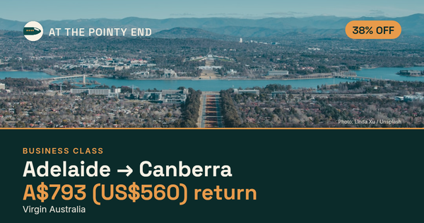 Business return to Canberra from US$560, about 38% off. Checked against live availability.