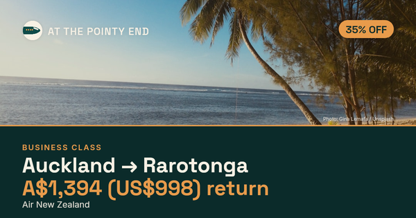 Business return to Rarotonga from US$998, about 35% off. Checked against live availability.
