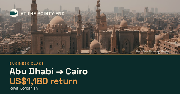 Business return to Cairo from US$1,180, well below typical. Checked against live availability.