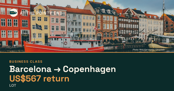 Business return to Copenhagen from US$567, well below typical. Checked against live availability.