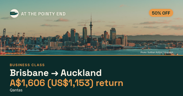 Business return to Auckland from US$1,153, about 50% off. Checked against live availability.
