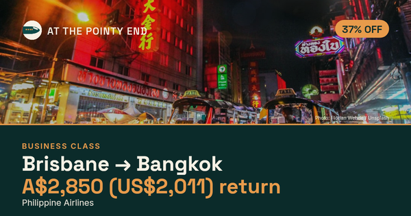 Business return to Bangkok from US$2,011, about 37% off. Checked against live availability.