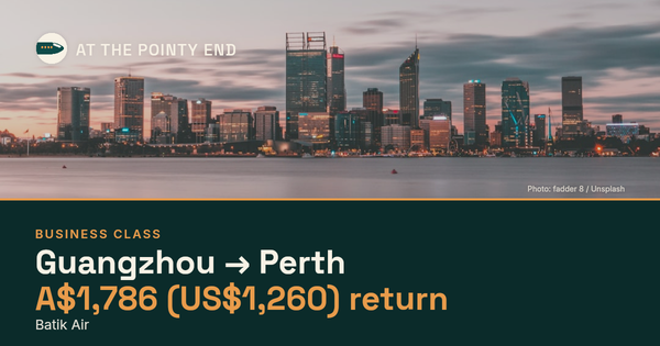 Business return to Perth from US$1,260, well below typical. Checked against live availability.