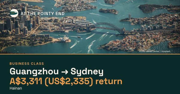 Business return to Sydney from US$2,335, well below typical. Checked against live availability.