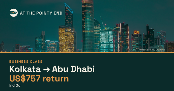 Business return to Abu Dhabi from US$757, well below typical. Checked against live availability.