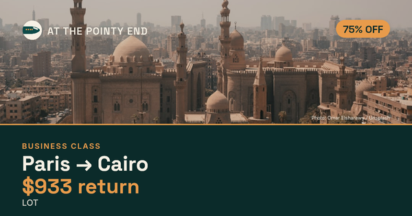 Business return to Cairo from US$933, well below typical. Checked against live availability.
