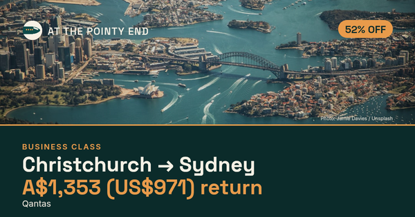 Business return to Sydney from US$971, about 52% off. Checked against live availability.