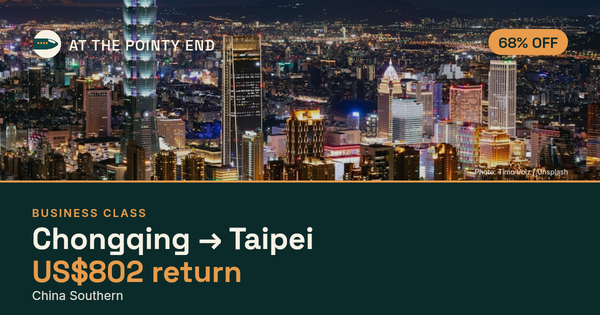 Business return to Taipei from US$802, about 68% off. Checked against live availability.