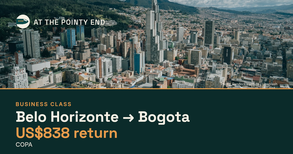Business return to Bogota from US$838, well below typical. Checked against live availability.