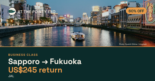 Business return to Fukuoka from US$245, about 60% off. Checked against live availability.