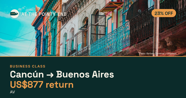 Business return to Buenos Aires from US$877, about 23% off. Checked against live availability.