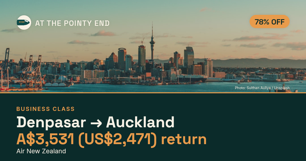 Business return to Auckland from US$2,471, well below typical. Checked against live availability.