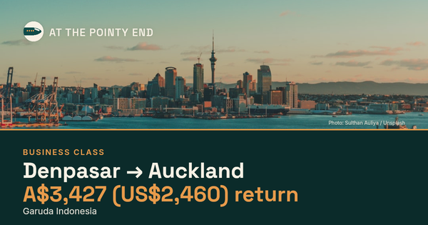 Business return to Auckland from US$2,460, well below typical. Checked against live availability.
