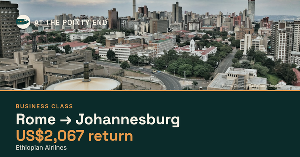 Business return to Johannesburg from US$2,067, well below typical. Checked against live availability.