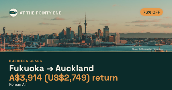 Business return to Auckland from US$2,749, well below typical. Checked against live availability.
