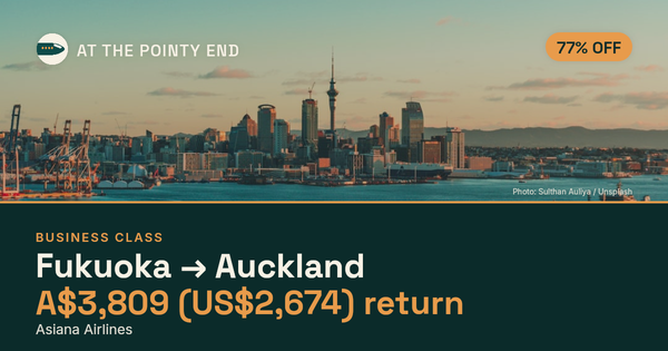 Business return to Auckland from US$2,674, well below typical. Checked against live availability.
